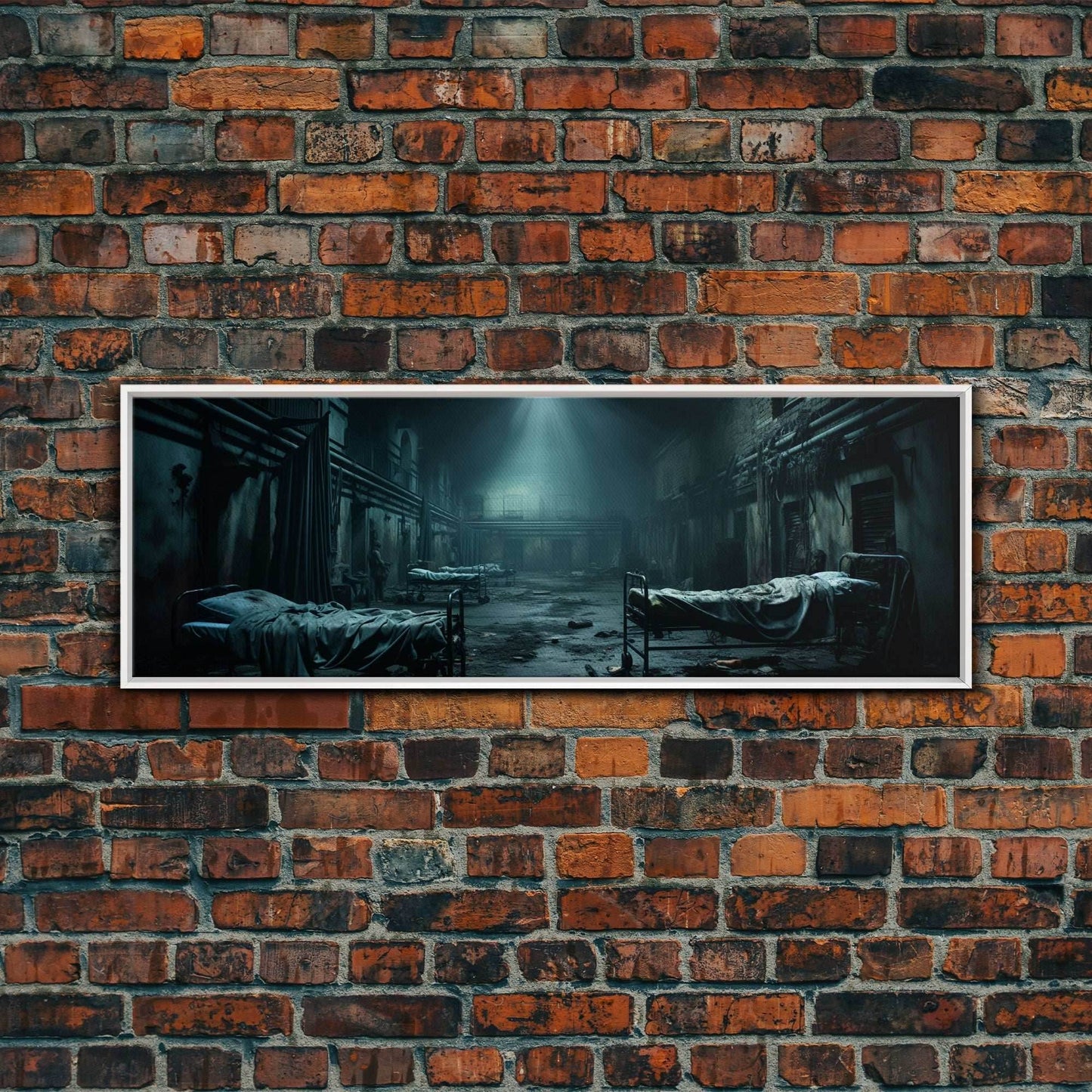 An Abandoned Insane Asylum, Canvas Print Framed Halloween Art, Spooky Decor Panoramic Halloween Art, Halloween Wall Art, Halloween Art Print - 10x30 Inches / White Frame