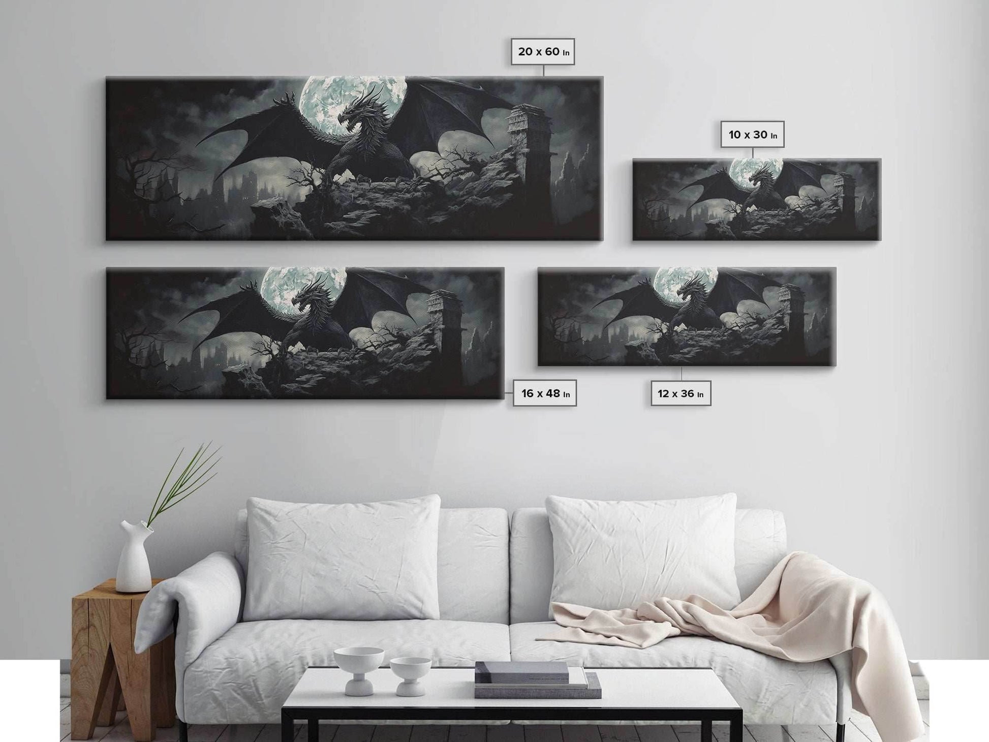 The Dragon, Framed Canvas Print, Panoramic Fantasy Painting, Fantasy Decor, Dragon Art, Dragon Painting, Dragon art print - 10x30 Inches / Gallery Wrap Canvas - Ready To Hang