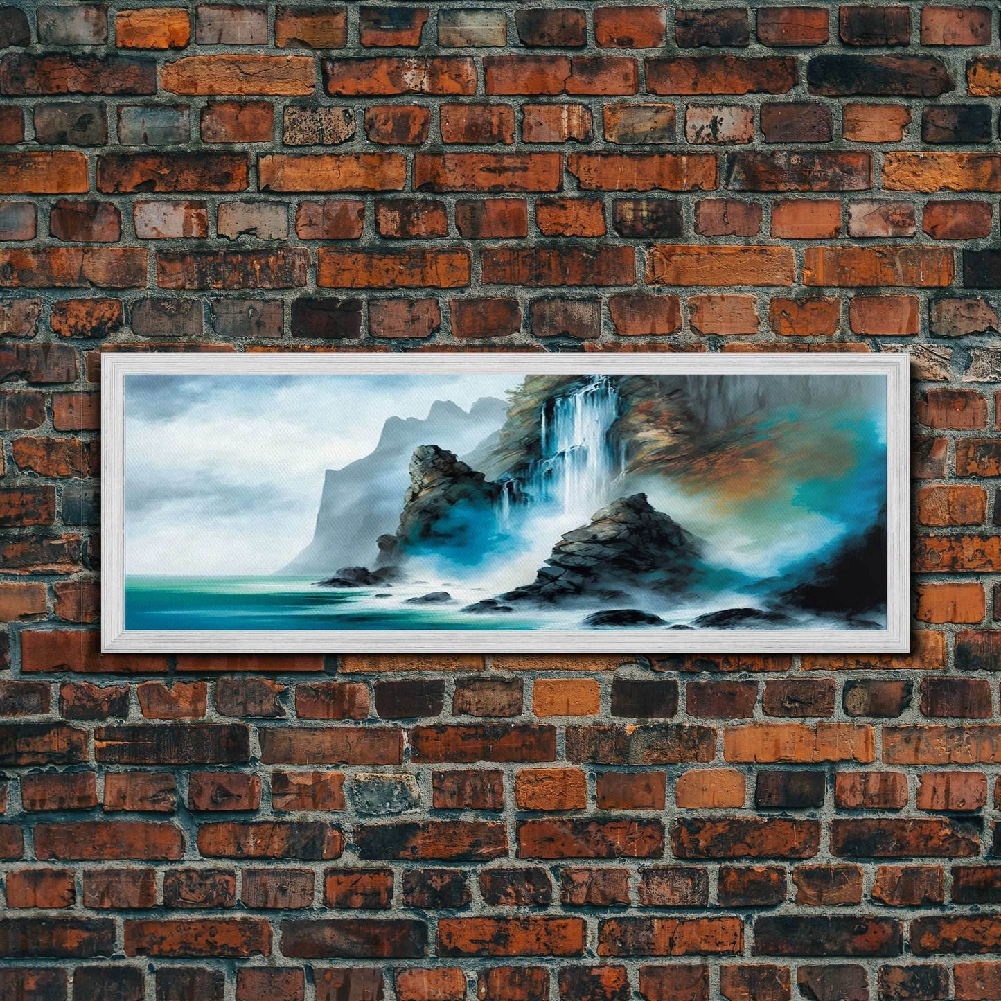 Fantasy Waterfall Canvas Print - Panoramic Landscape Painting - Perfect for Living Room and Bedroom Decor - 10x30 Inches / Gold Frame