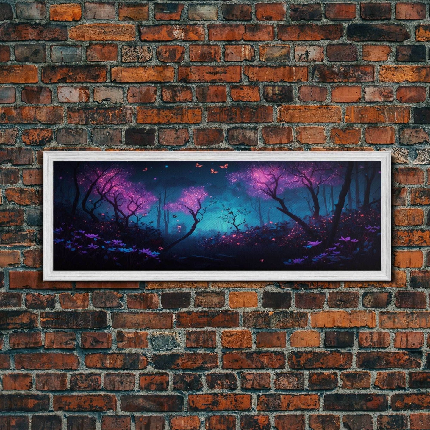Beautiful Fantasy Forest, Framed Canvas Print, Fantasy Art, Butterflies and Fireflies Light up a Fairy Forest At Night, Framed Wall Art - 10x30 Inches / Gold Frame