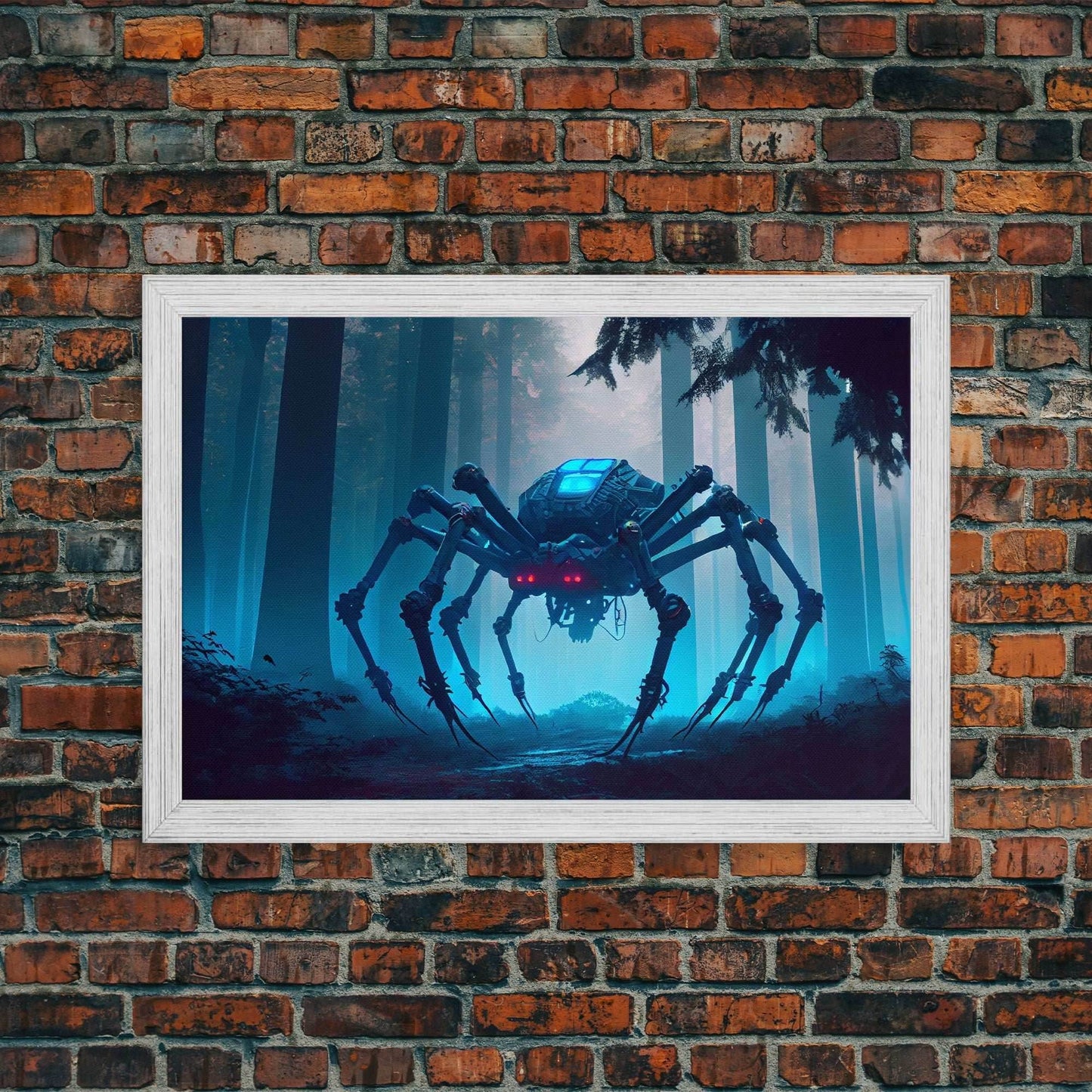 Cyborg Spider, Scifi Fantasy horror art, robot spider on the hunt, framed canvas print - 8x12 Inches / Gold Frame
