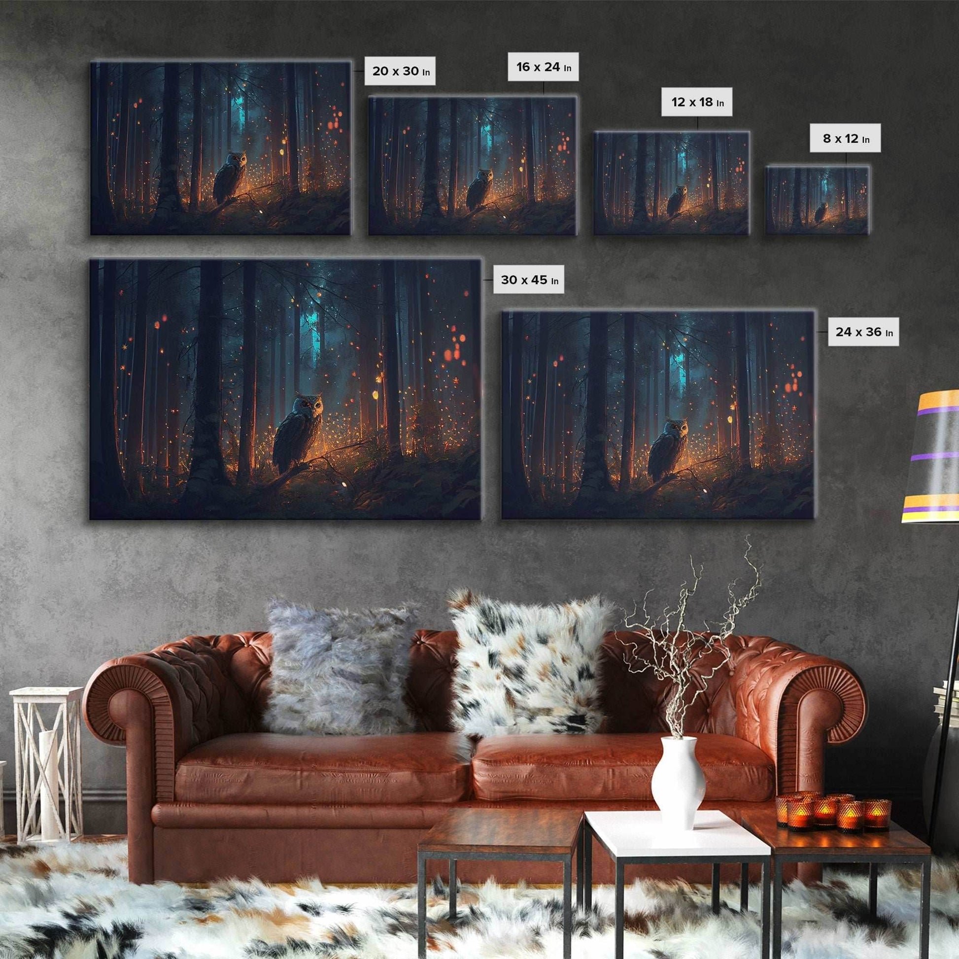 Fantasy forest art, Fireflies and the owl at midnight, framed canvas art, framed canvas print - 8x12 Inches / Gallery Wrap Canvas - Ready To Hang