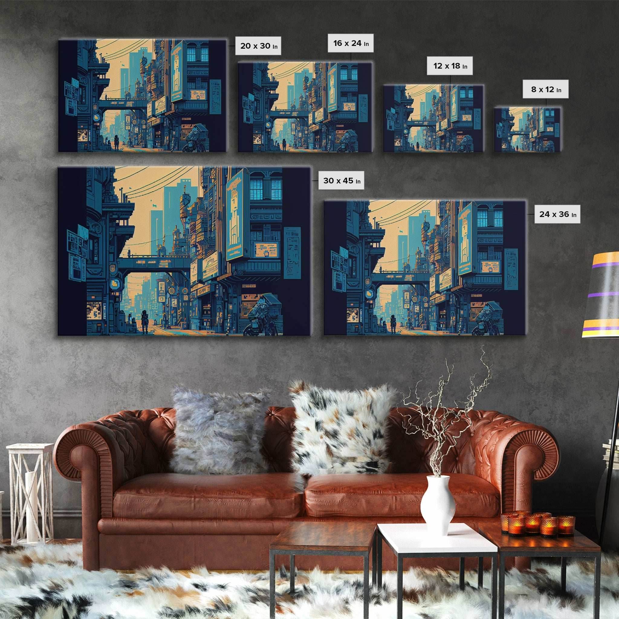 8 bit pixel art cyber punk city, video game concept art, framed canvas print, game room art - 8x12 Inches / Gallery Wrap Canvas - Ready To Hang