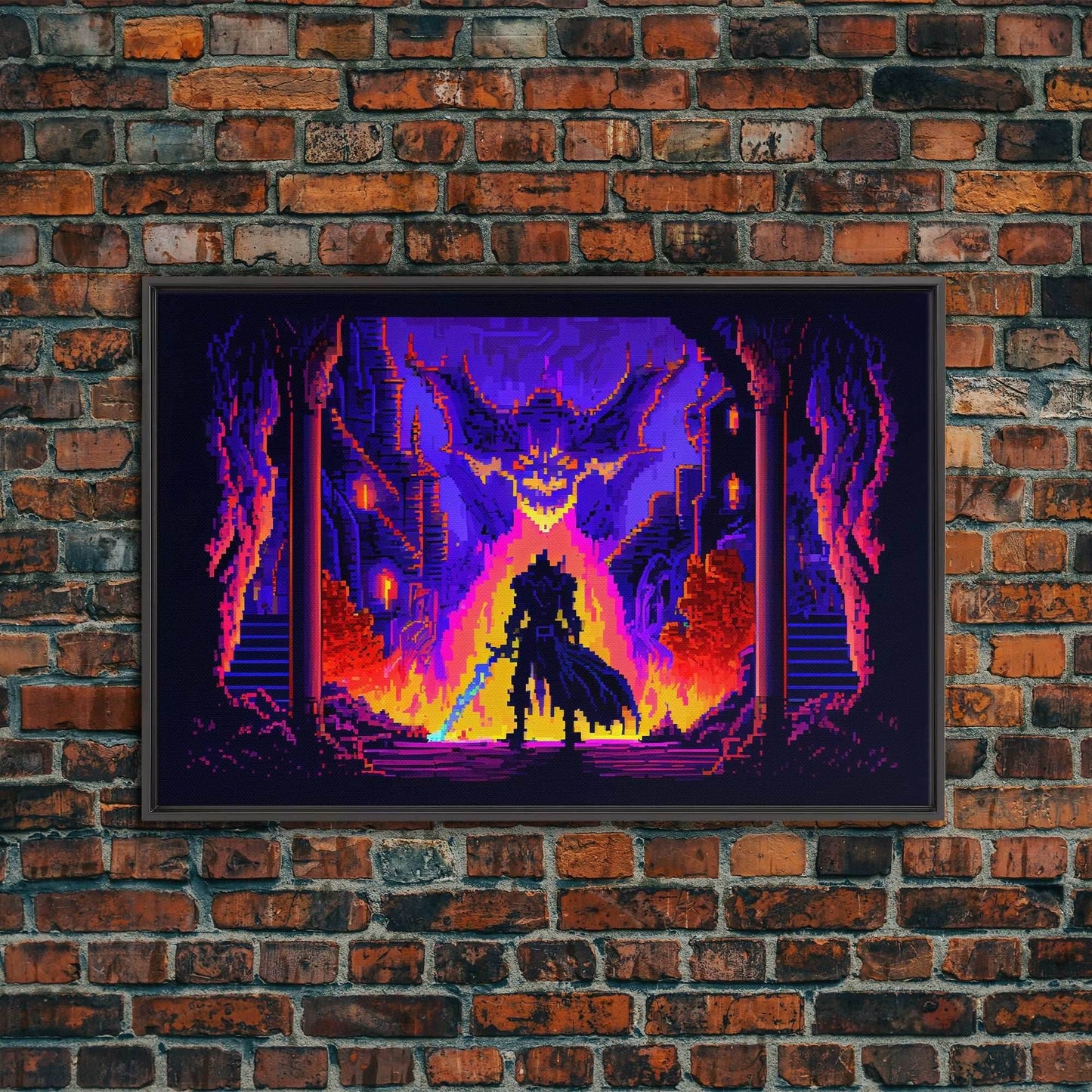 8 bit Pixel art, RPG video game concept art, Paladin faces the Dragon, synthwave style, framed canvas print - 8x12 Inches / Black Frame