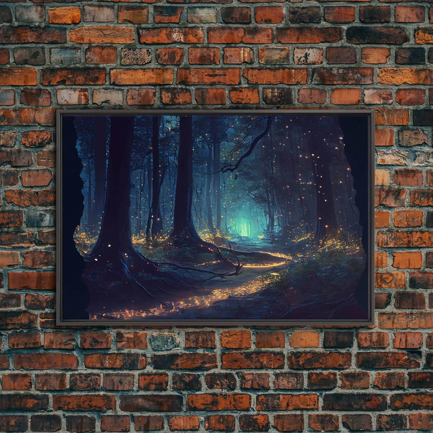 The magical enchanted forest is lit brightly with fireflies at night, framed canvas print, fantasy art - 8x12 Inches / Black Frame
