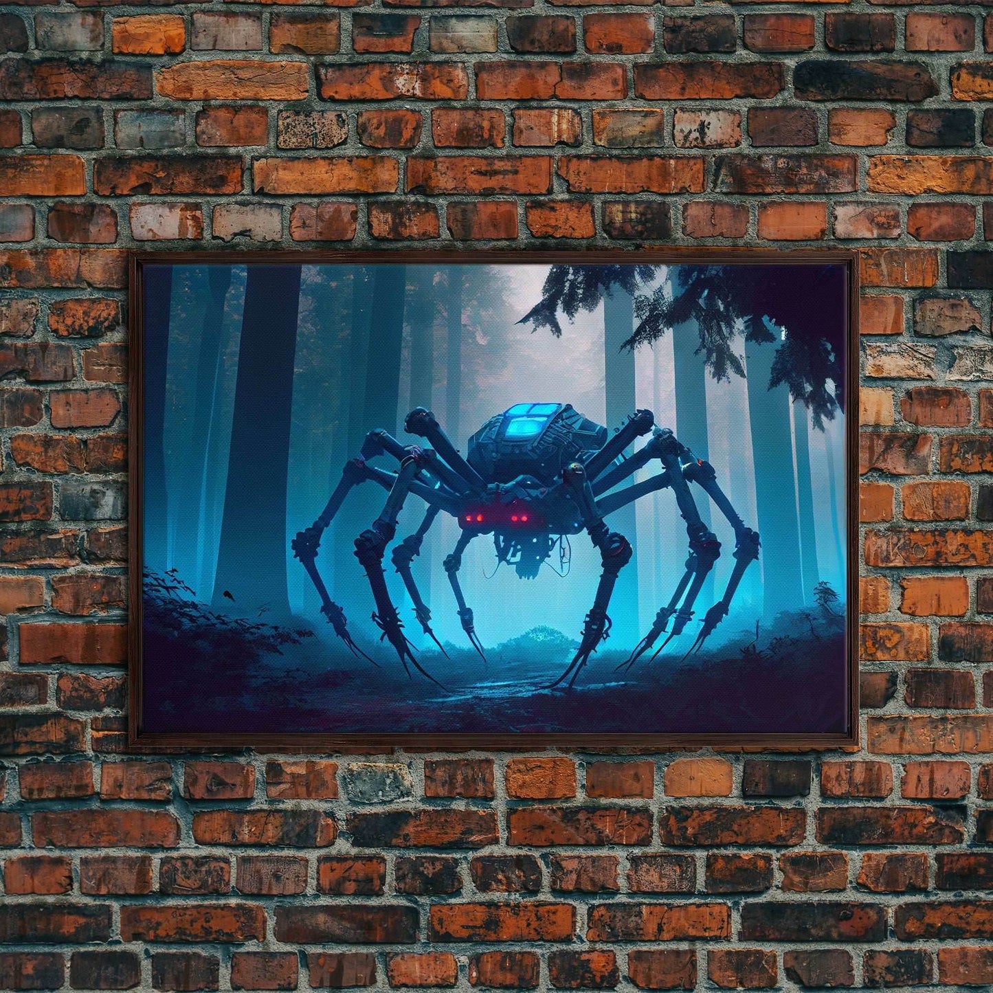 Cyborg Spider, Scifi Fantasy horror art, robot spider on the hunt, framed canvas print - 8x12 Inches / Walnut Frame