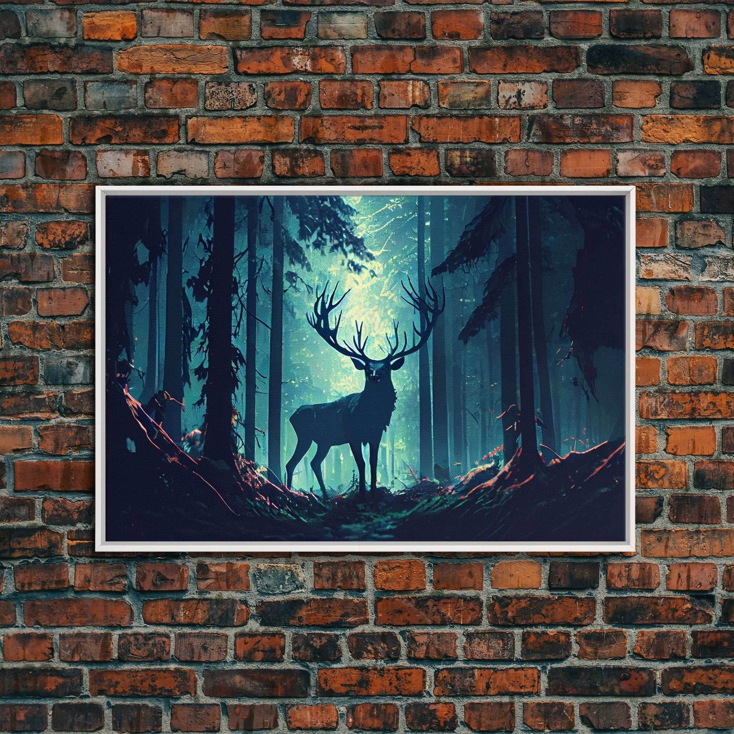 Mythical stag in the forest, fantasy art, framed canvas print, mythical creatures - 8x12 Inches / White Frame