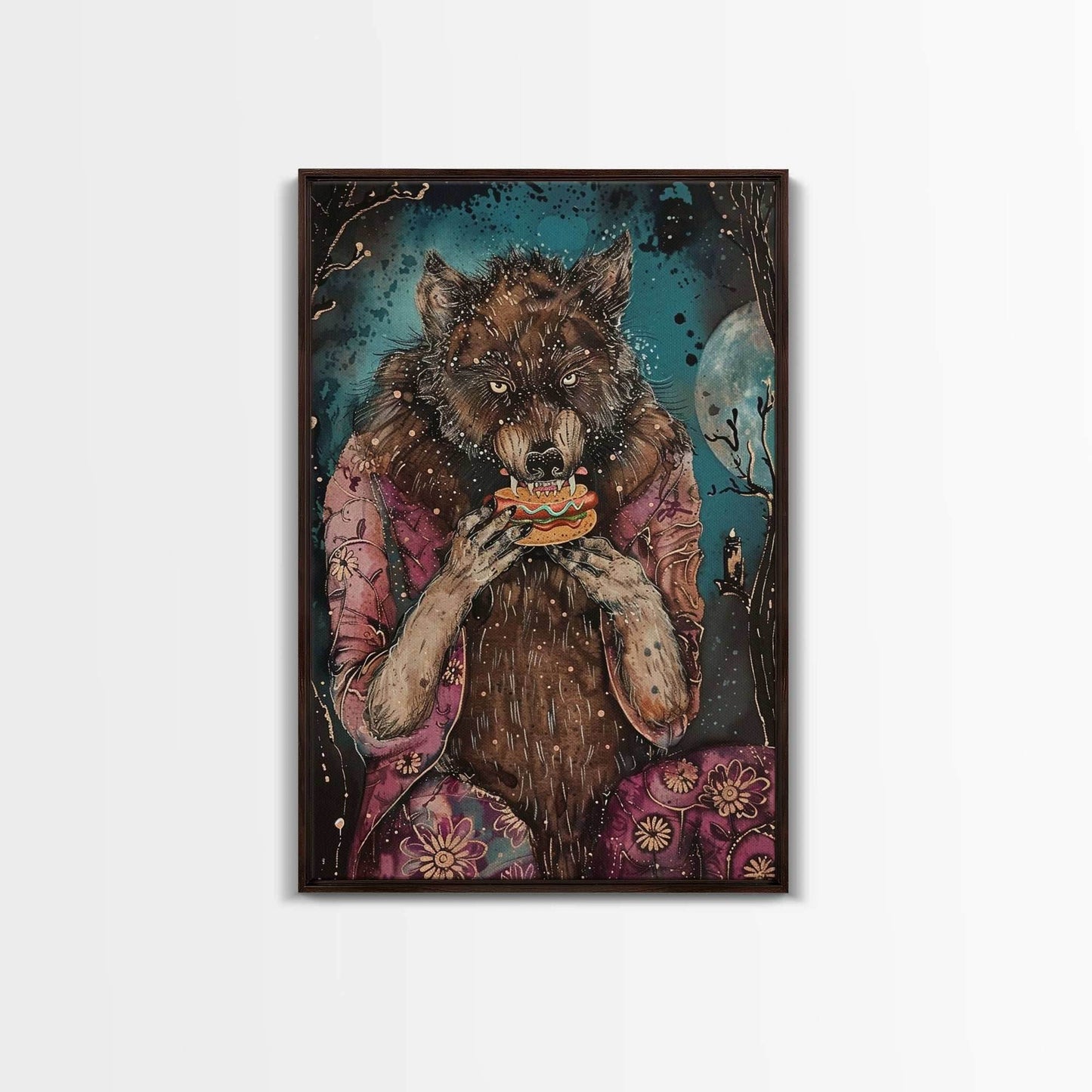 Halloween Werewolf Enjoying Hotdog, Framed Canvas Print, Wall Art, Home Decor, Spooky Artwork, Fantasy Decor, Halloween Decor, Holiday Gift - 8x12 Inches / Walnut Frame