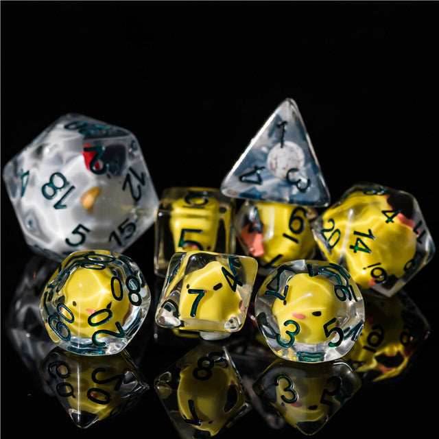 Chicken Family 7-Dice Set w/Green Numbers Dnd Dice Set + 30mm d20 - 