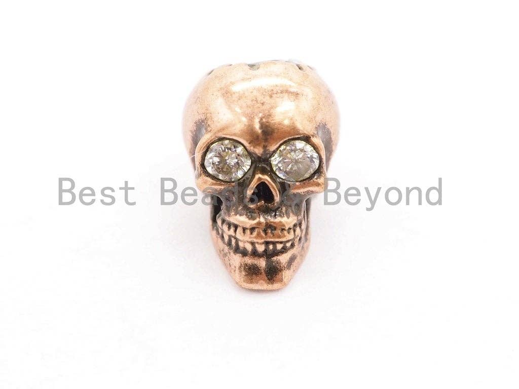 3D Antique Style Skull Bead, CZ Pave Skull Beads, Gold/Silver/Copper Skull Charm, Men's Bracelet Beads, 8.7x12x9.6mm, 1pc, sku#Y139