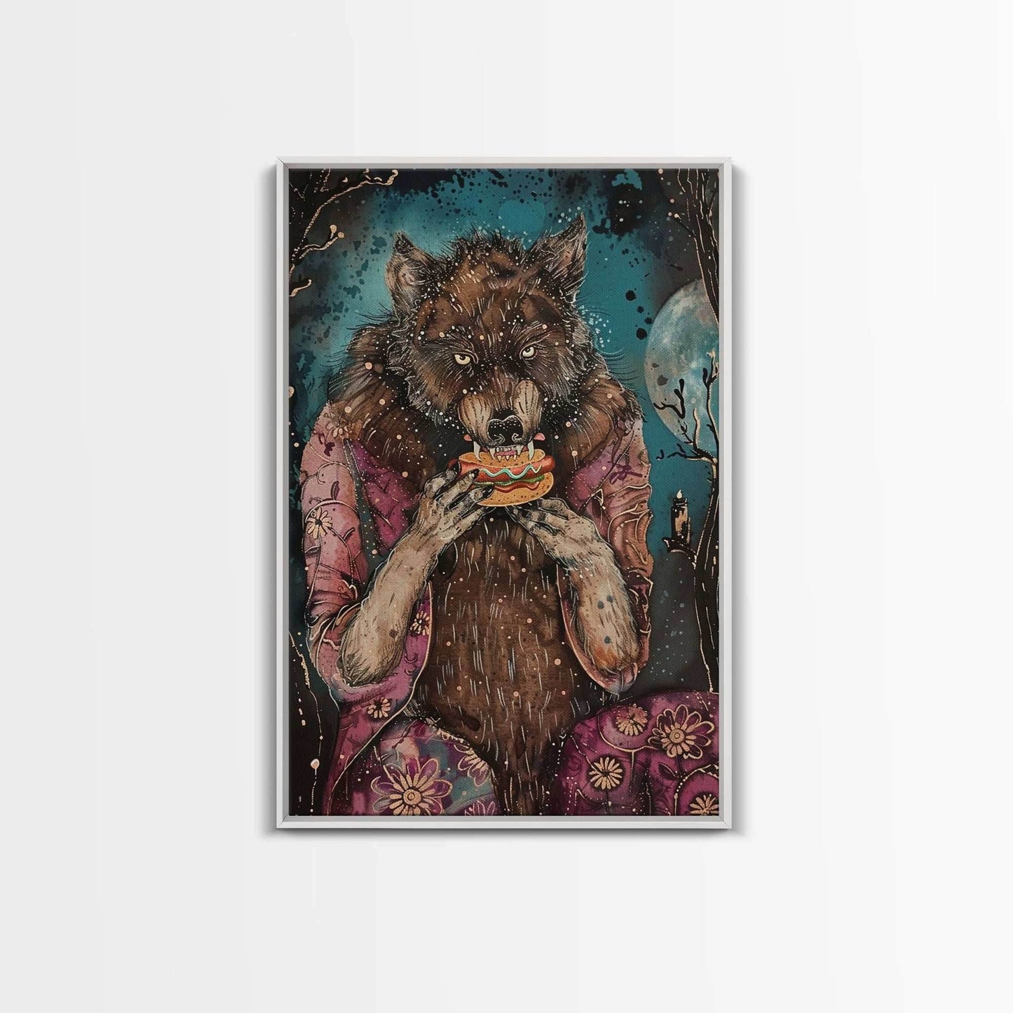 Halloween Werewolf Enjoying Hotdog, Framed Canvas Print, Wall Art, Home Decor, Spooky Artwork, Fantasy Decor, Halloween Decor, Holiday Gift - 8x12 Inches / White Frame