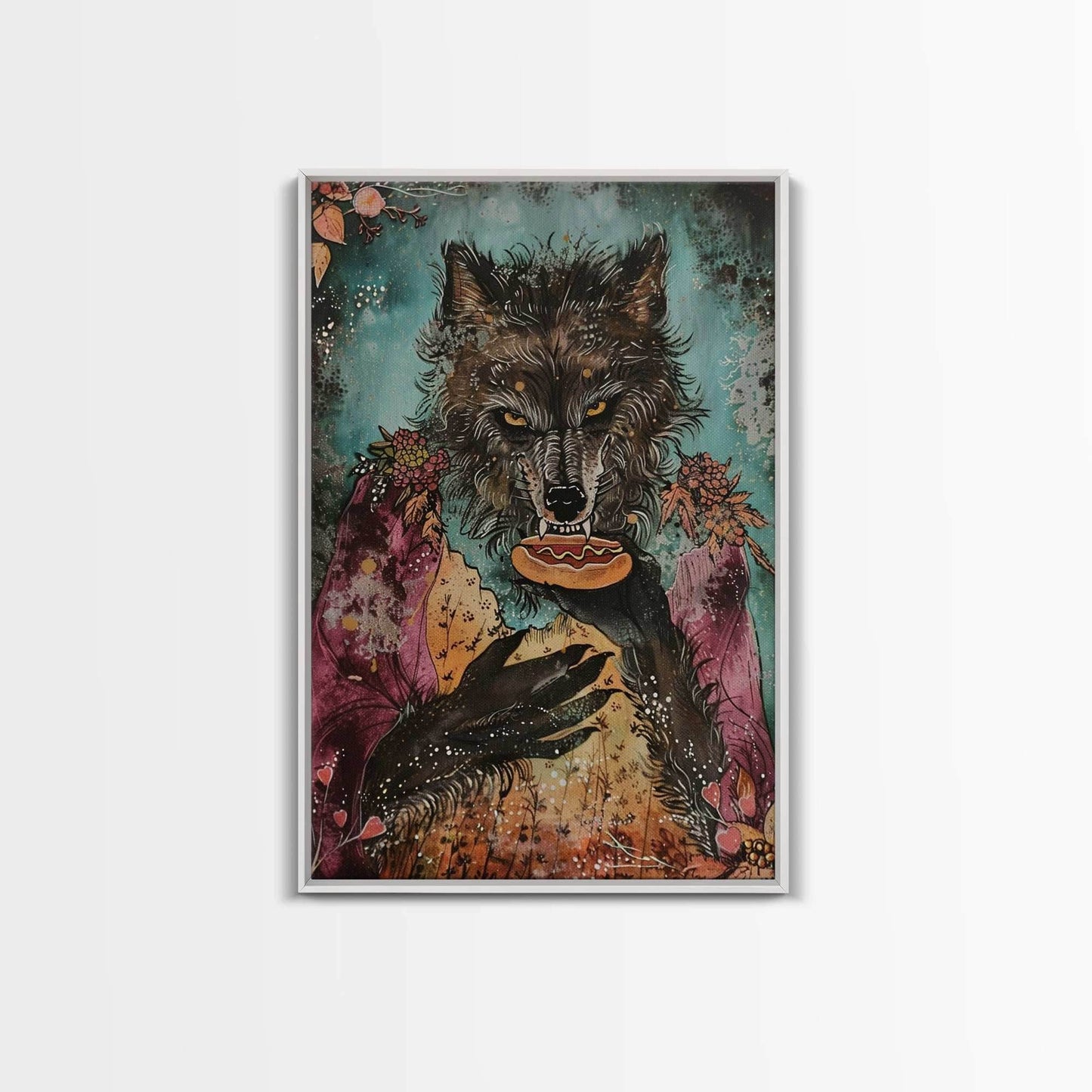 Halloween Werewolf Holding Hotdog, Framed Canvas Print, Wall Art, Home Decor, Spooky Artwork, Fantasy Decor, Halloween Decor - 8x12 Inches / White Frame