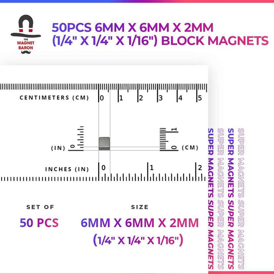 50pcs 6mm x 6mm x 2mm (Approximately 1/4" x 1/4" x 1/16") Block Magnets