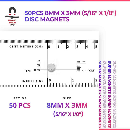 50pcs 8mm x 3mm (Approximately 5/16" x 1/8") Disc Magnets