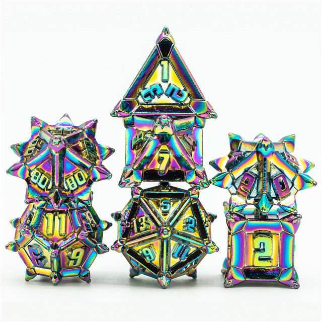 Rainbow Pinwheel Strengthened Metal 7-Dice Set | Metal DND Dice - 