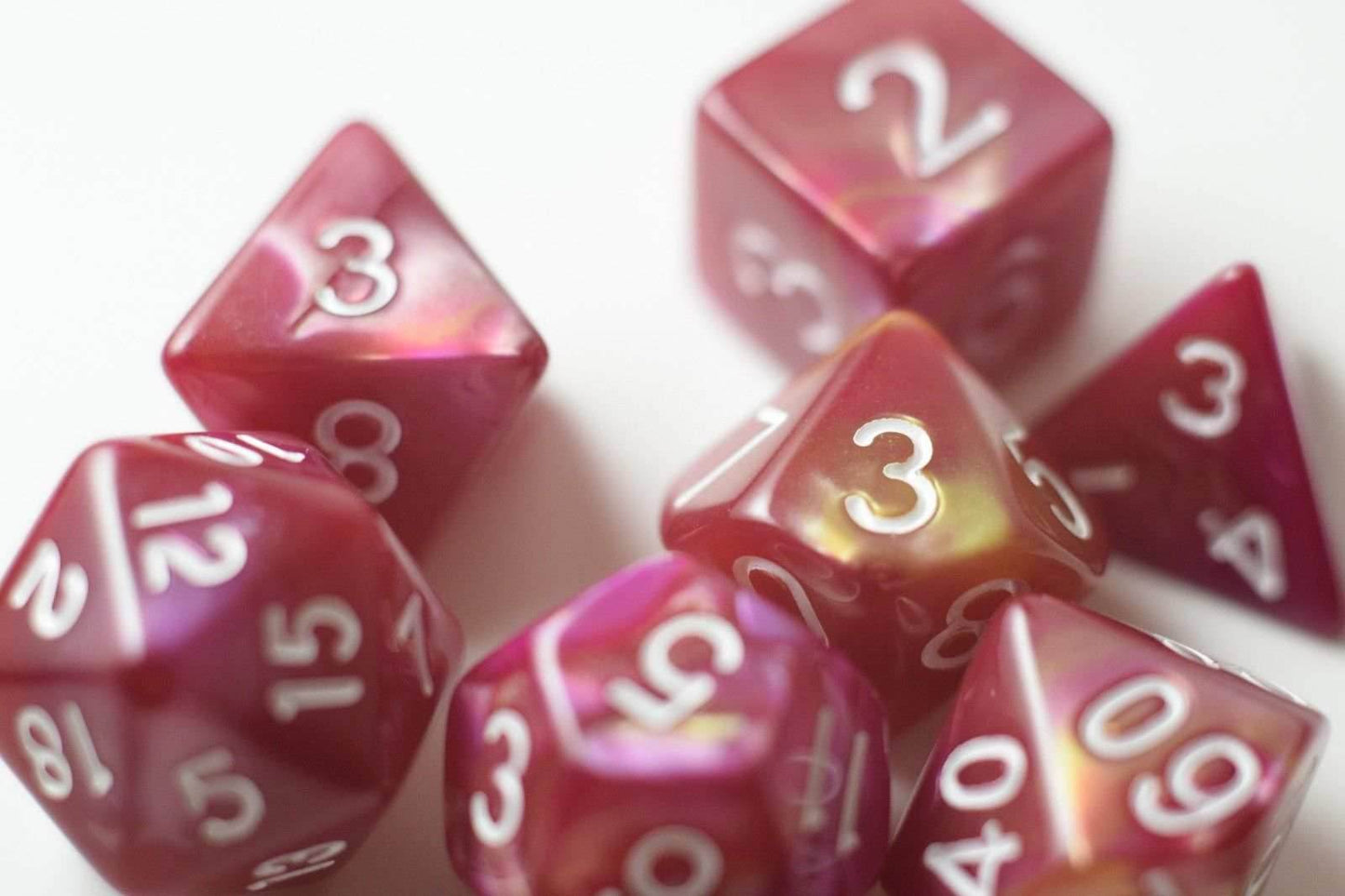 NEW Yellow and Rose Red Swirl Poly Dice Set (7) New RPG DnD w/ White Numbers - 