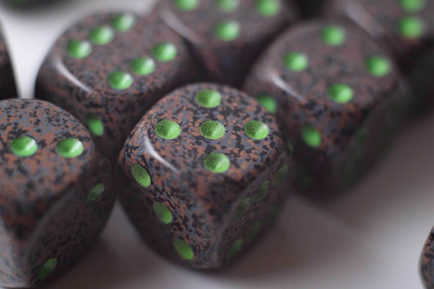 Earth Speckled 16mm D6 Pipped | Sold per Die (Green + Brown Dice) - 