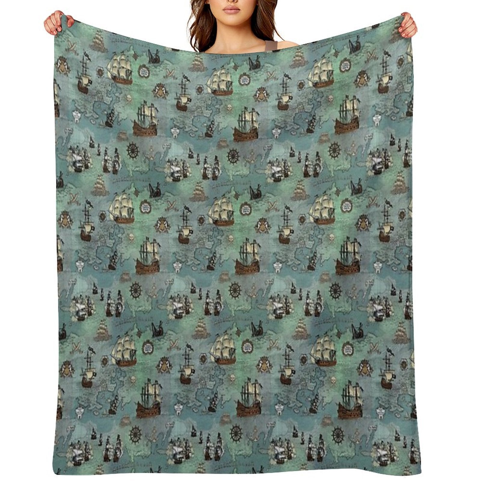 Pirate Map Nautical Sea Print Ocean Blue & Sea Glass Green Throw Blanket