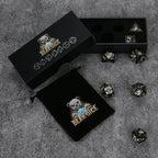 Black resin DND dice set with silver-white vintage magic emblem + gold numbers