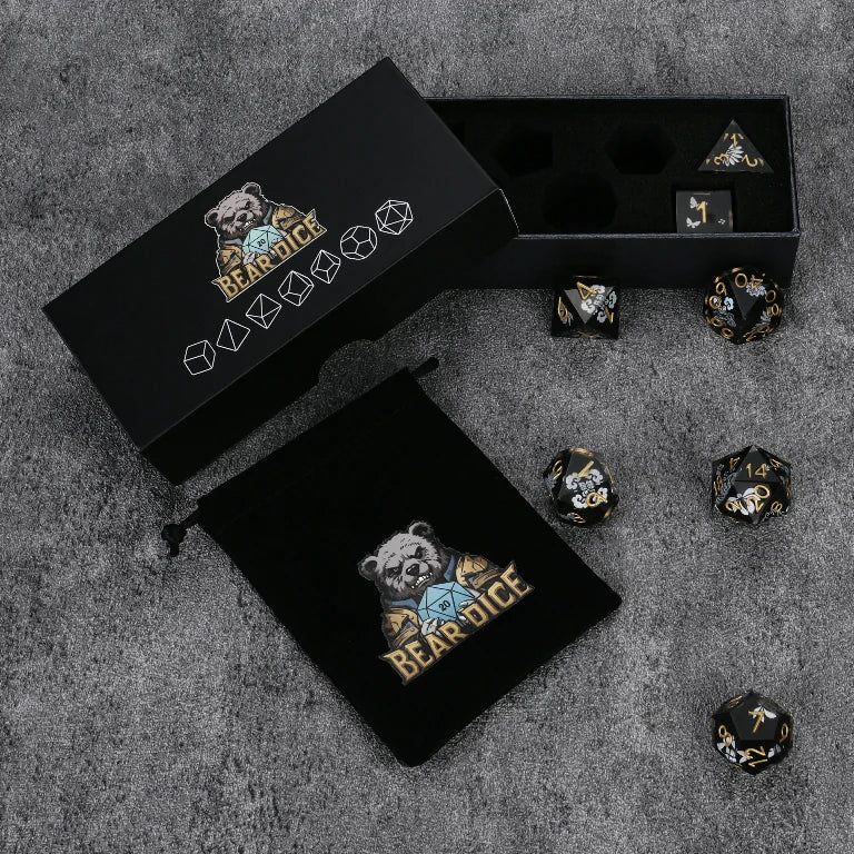 Black resin DND dice set with silver-white vintage magic emblem + gold numbers