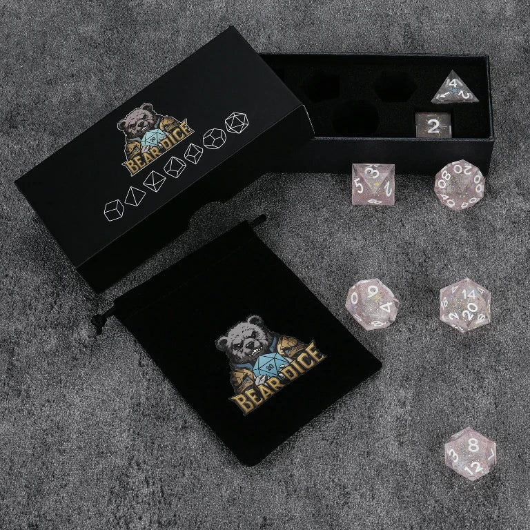 Fireworks Pink Glitter Transparent Resin DND Dice Set