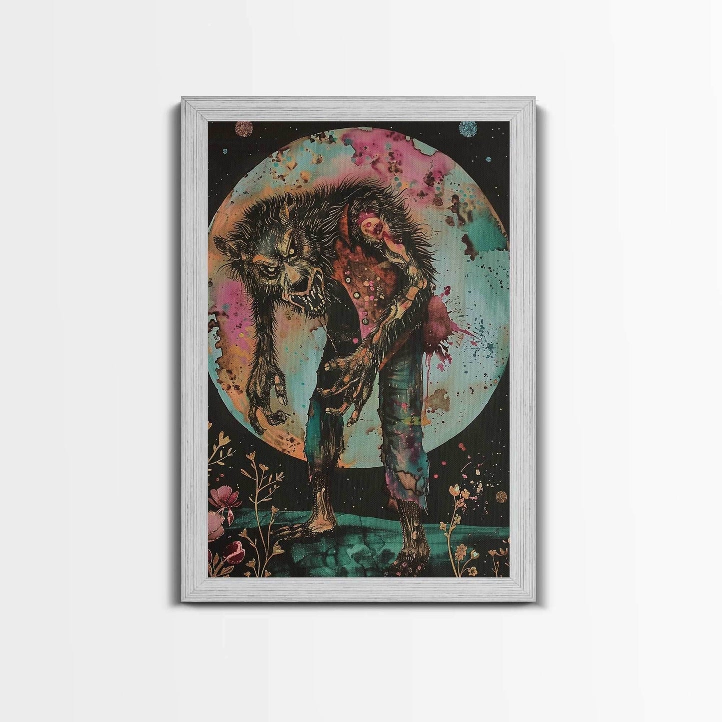 Halloween Werewolf Transformation, Framed Canvas Print, Wall Art, Home Decor, Spooky Artwork, Monster Decor, Halloween Decor, Fantasy Art - 8x12 Inches / Gold Frame