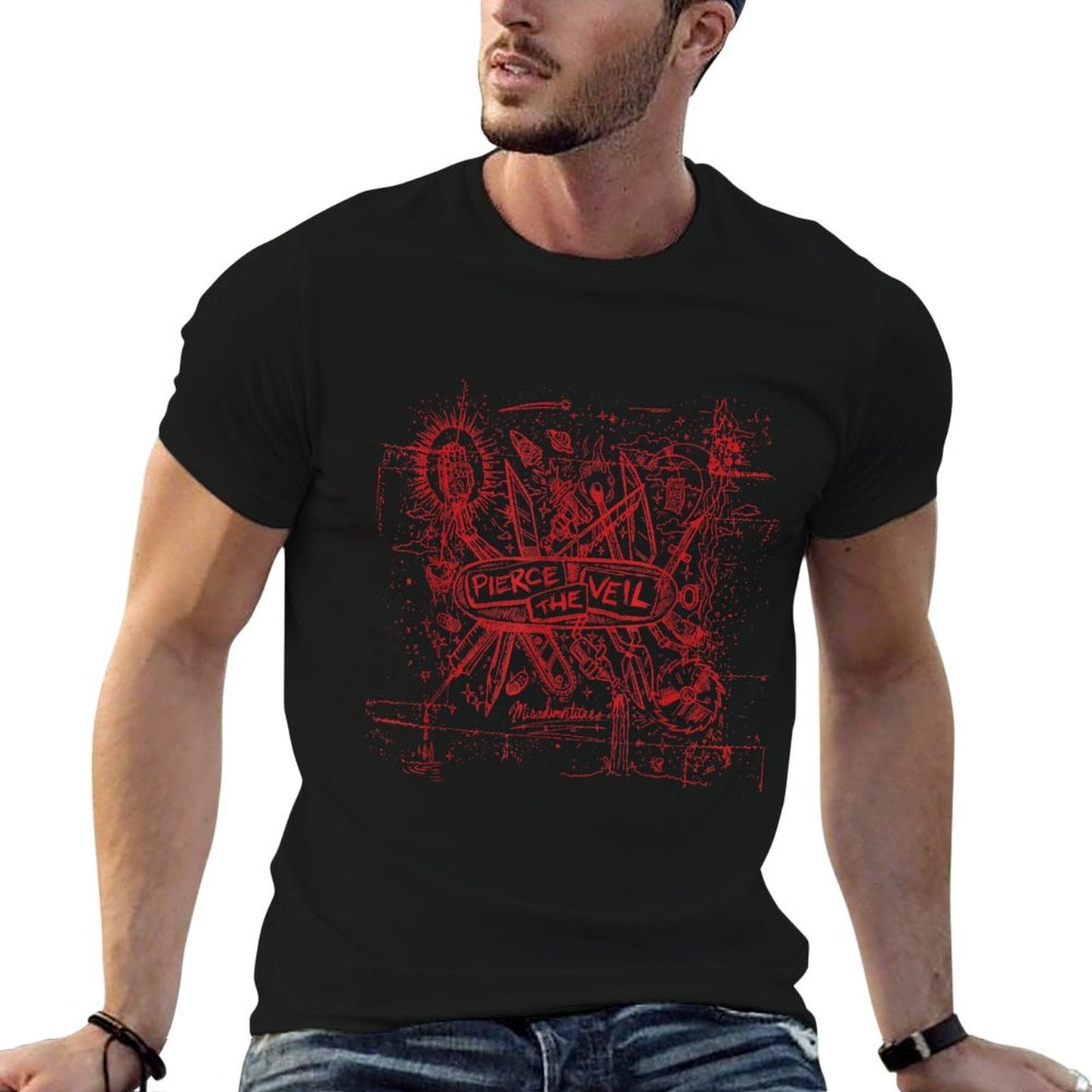 Pierce The Veil - Misadventures Cover in Red Print  Heathered Texture T-Shirt