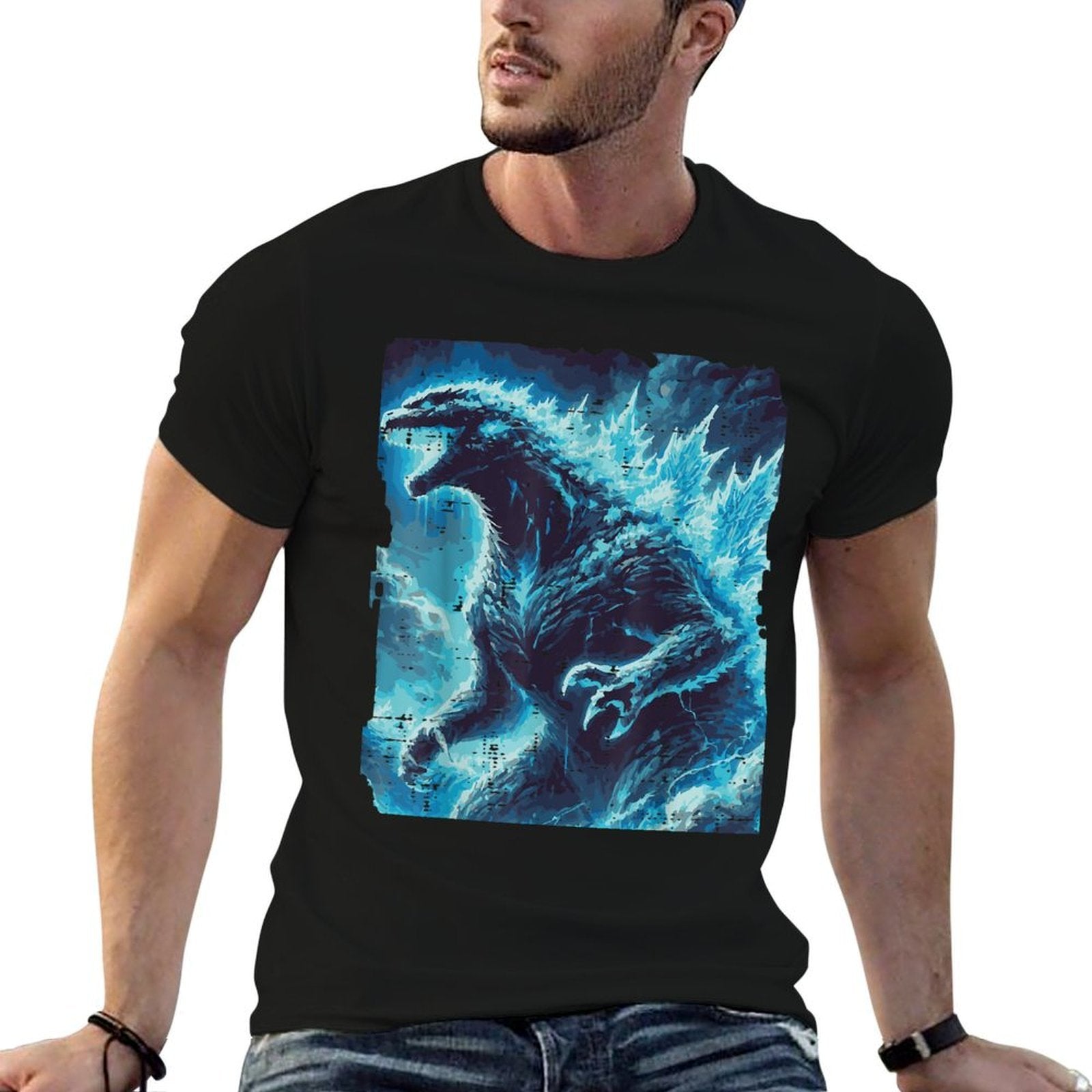Japanese Blue Kaiju Monster Art Men Boys Kids Youthns  Rolled Sleeves T-Shirt