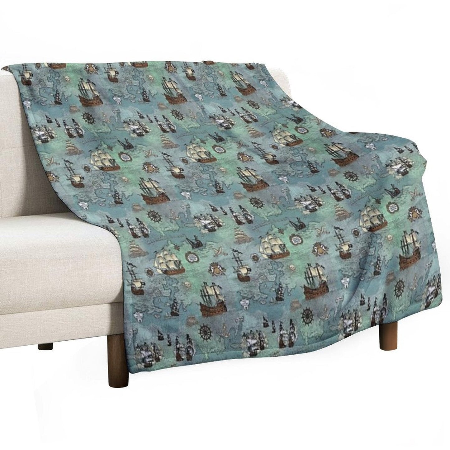 Pirate Map Nautical Sea Print Ocean Blue & Sea Glass Green Throw Blanket
