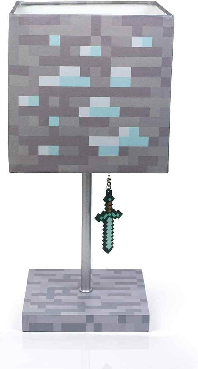Minecraft Diamond Ore Lamp - 14-Inch LED Table Lamp with Diamond Sword Pull Chain - 