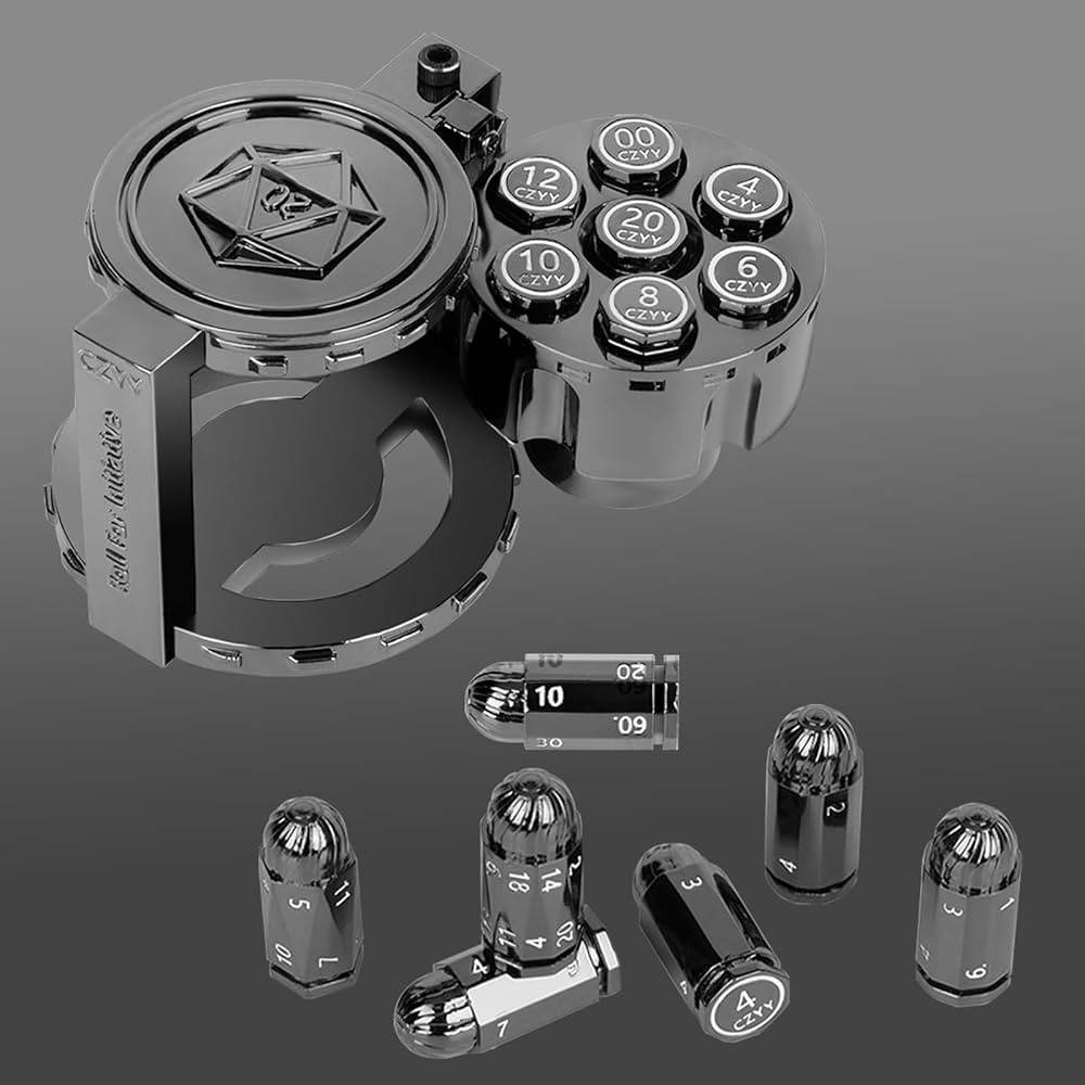 Metal Bullet Dice Set of 7 with Spinning Revolver Cylinder Container - Black