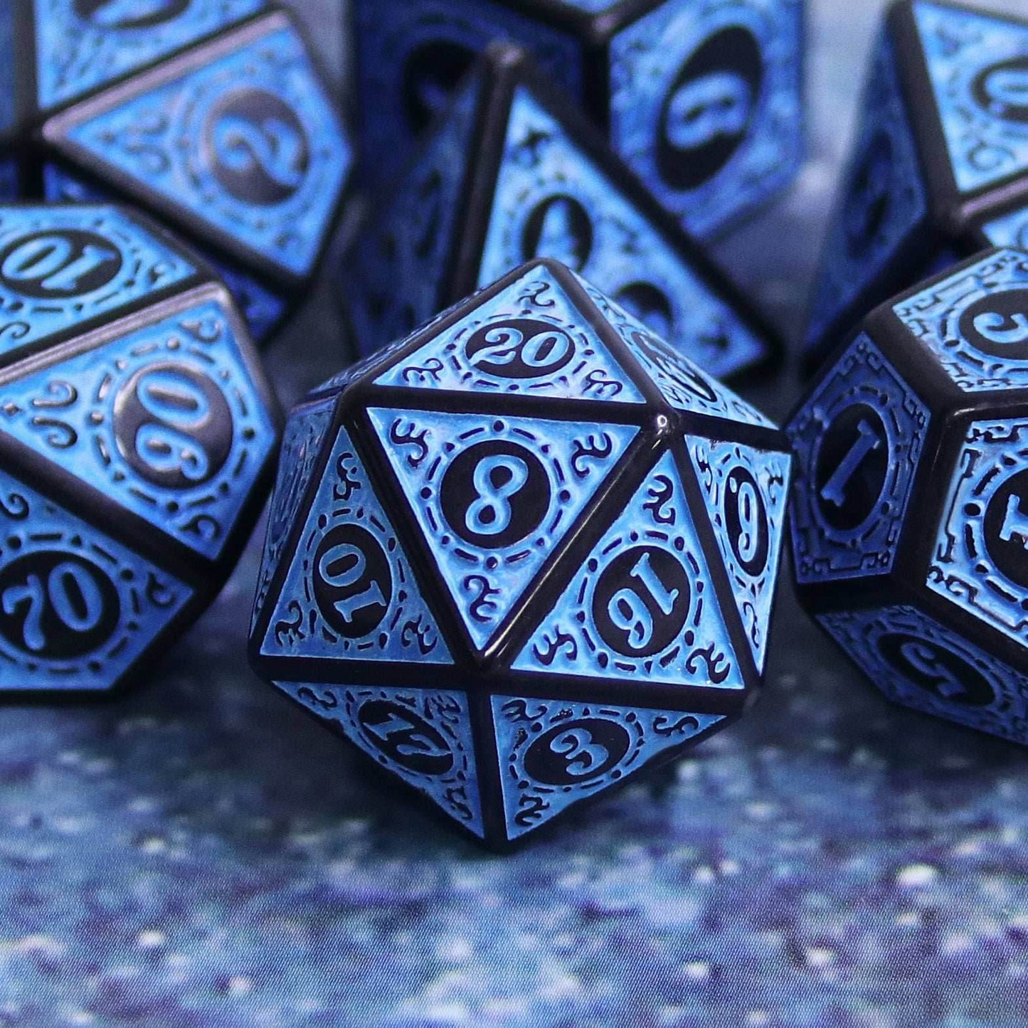 Blue Magic Flame 7-Dice Set DND RPG Dice Black w/Color Fill - 