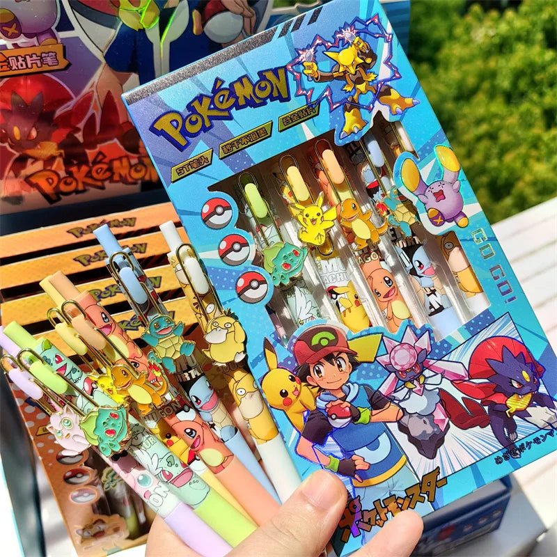 6 PCS Set Pokemon Click Pen, Black Writing Gel Pen Stationery