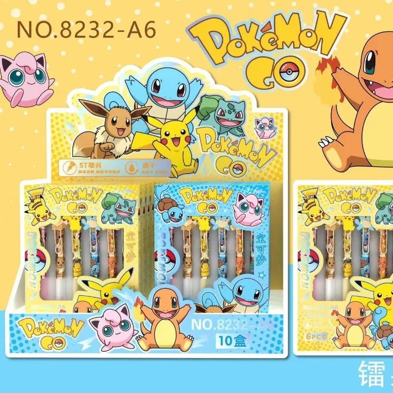 6 PCS Set Pokemon Click Pen, Black Writing Gel Pen Stationery