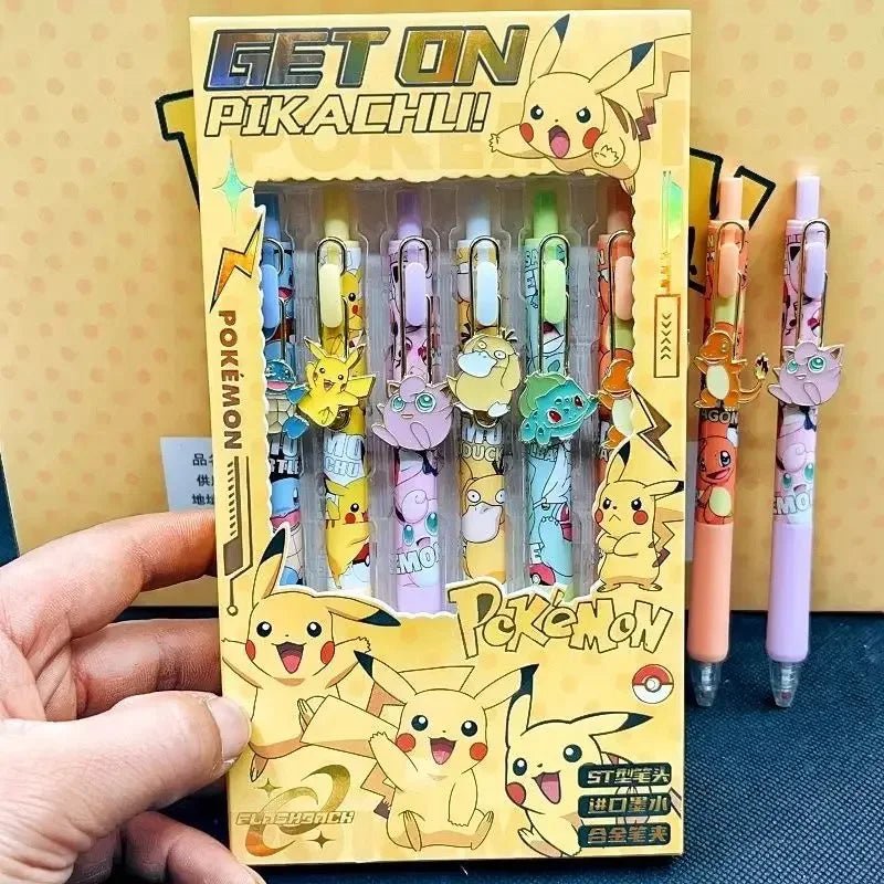 6 PCS Set Pokemon Click Pen, Black Writing Gel Pen Stationery