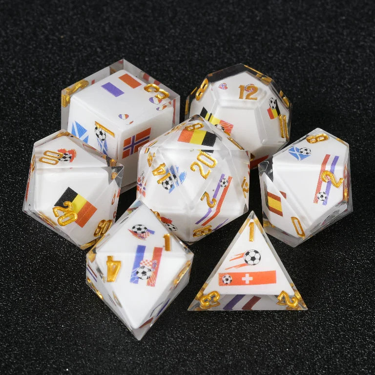 DND World Cup Resin Dice Set with National Flags and Soccer Balls + Gold Lettering