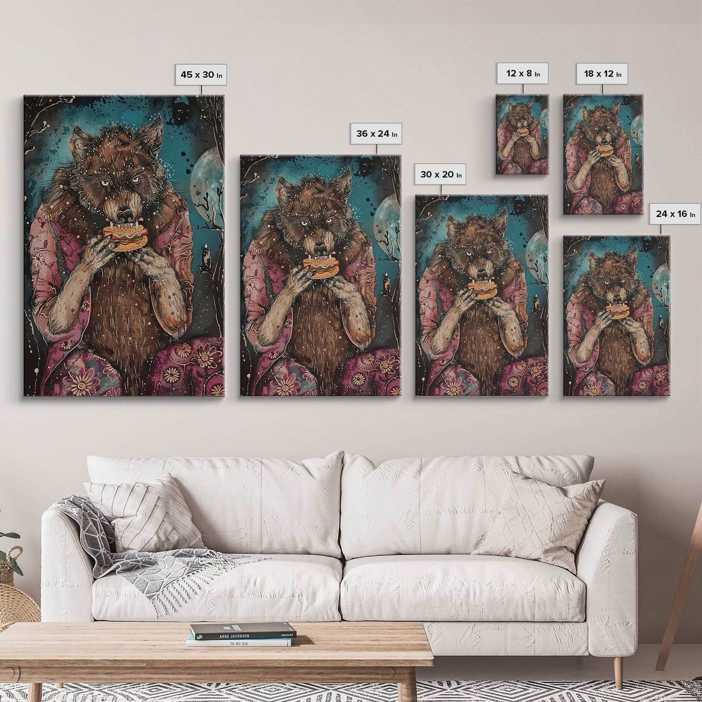 Halloween Werewolf Enjoying Hotdog, Framed Canvas Print, Wall Art, Home Decor, Spooky Artwork, Fantasy Decor, Halloween Decor, Holiday Gift - 8x12 Inches / Gallery Wrap Canvas - Ready To Hang
