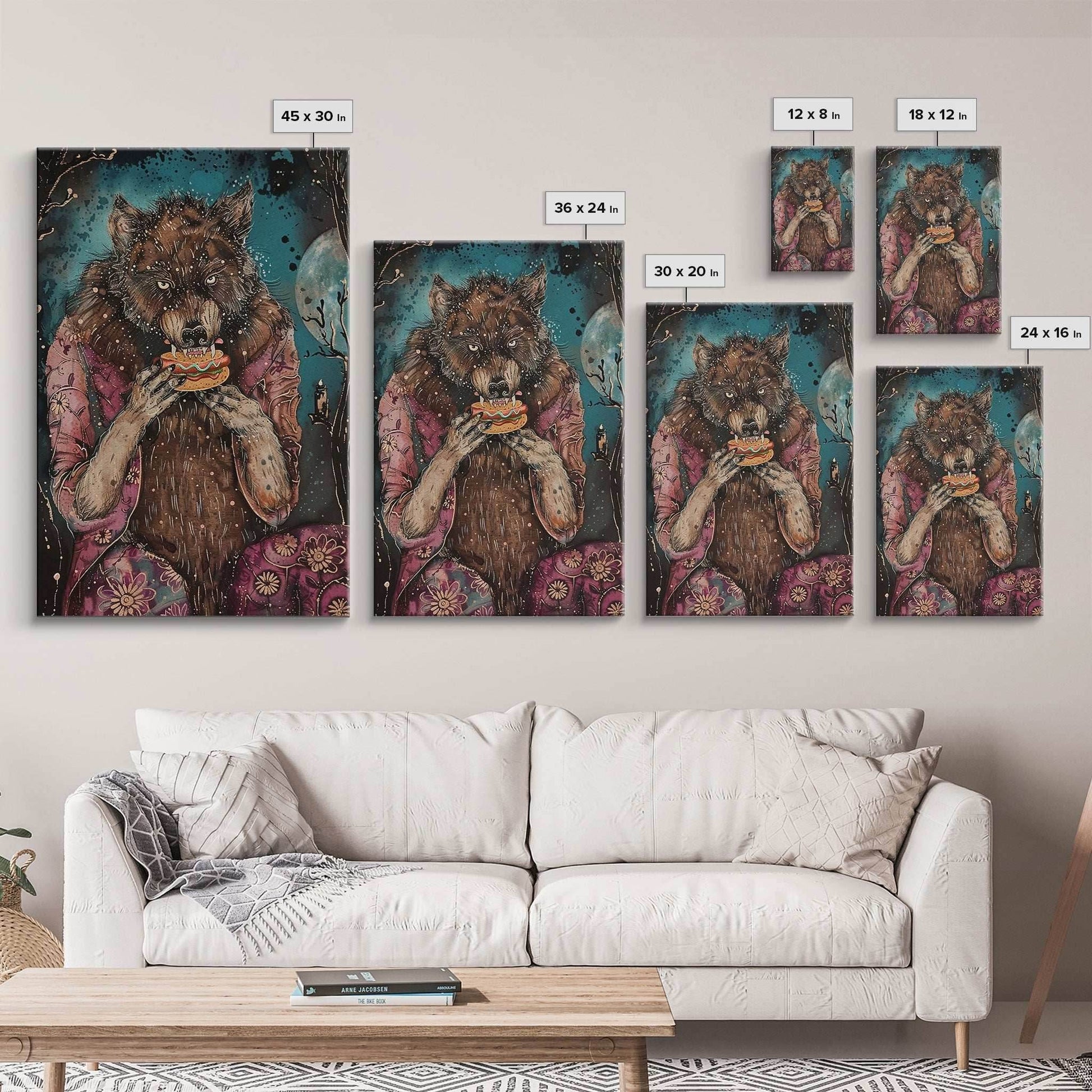 Halloween Werewolf Enjoying Hotdog, Framed Canvas Print, Wall Art, Home Decor, Spooky Artwork, Fantasy Decor, Halloween Decor, Holiday Gift - 8x12 Inches / Gallery Wrap Canvas - Ready To Hang