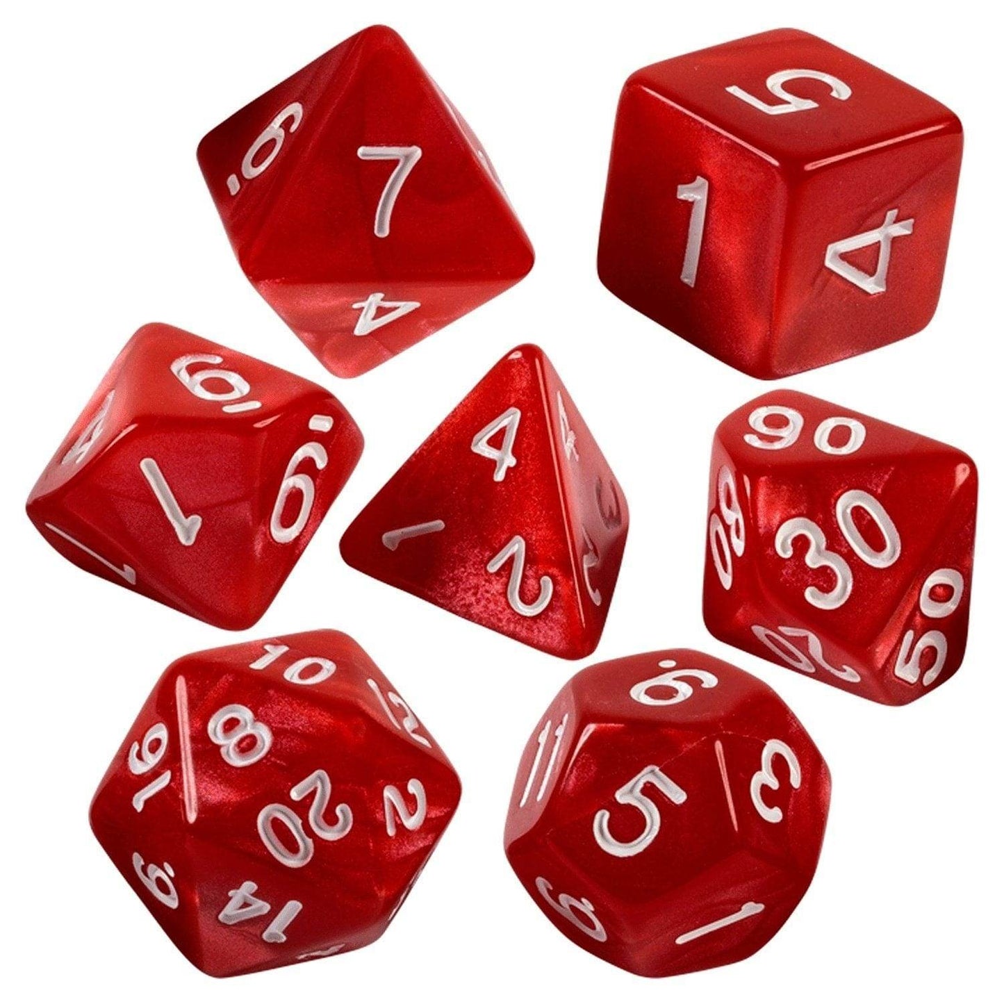 Red Marbled Dice - 7 Piece Set With Bag - 