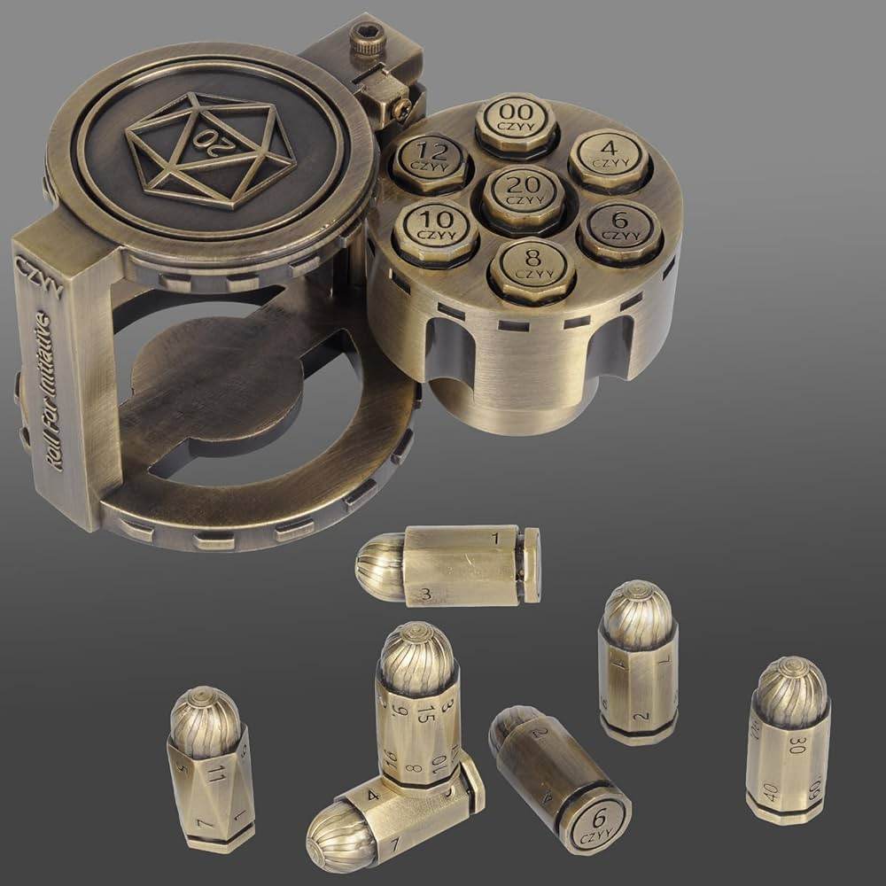 Metal Bullet Dice Set of 7 with Spinning Revolver Cylinder Container - Bronze