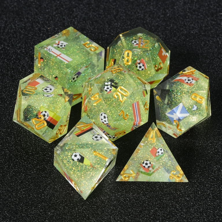 DND World Cup Resin Dice Set with National Flags and Soccer Balls + Gold Lettering