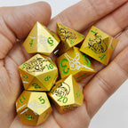 Cool black dragon and warrior gold dnd dice set + green font