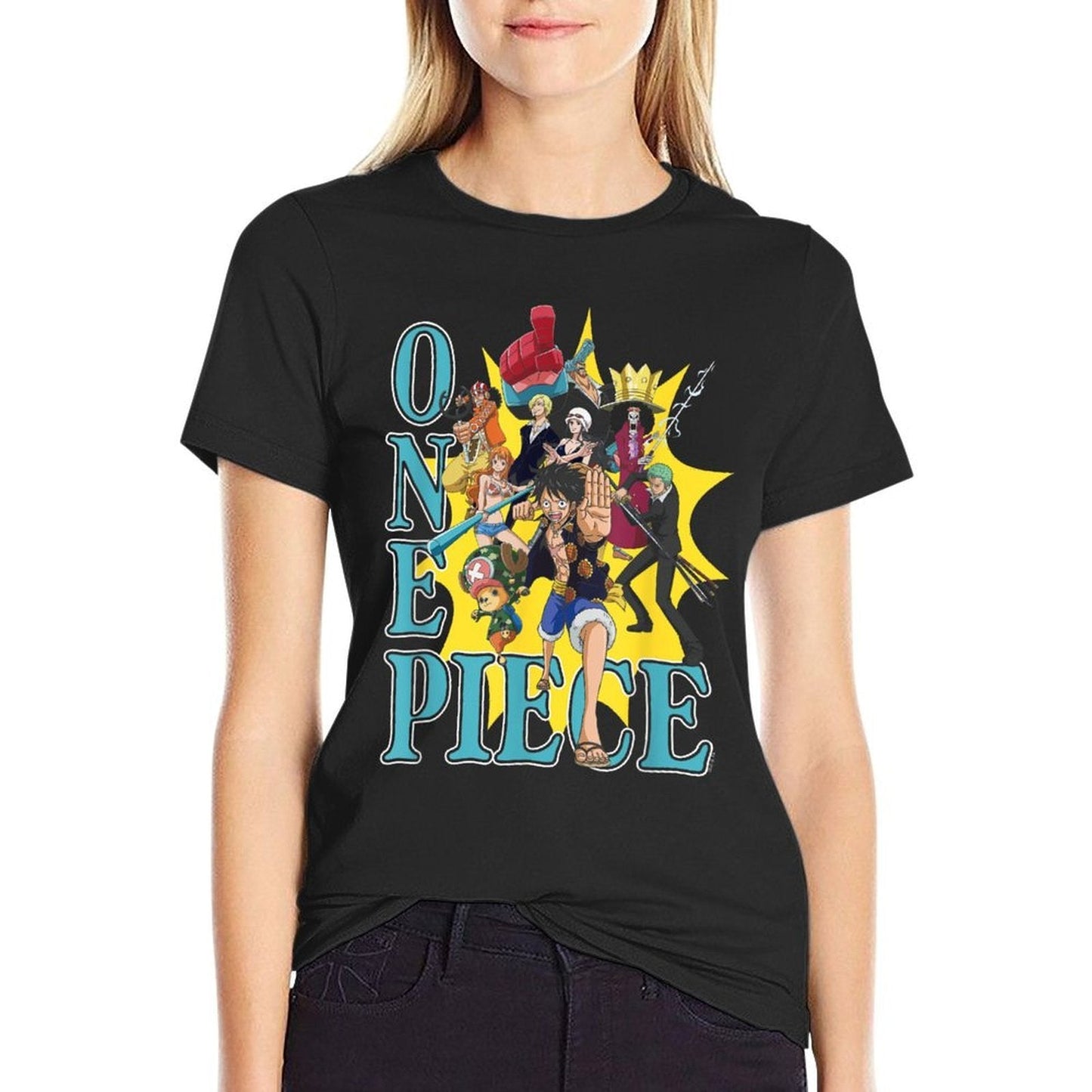 One Piece Anime Group Photo Burst Character Collage  Ribbed Collar T-Shirt