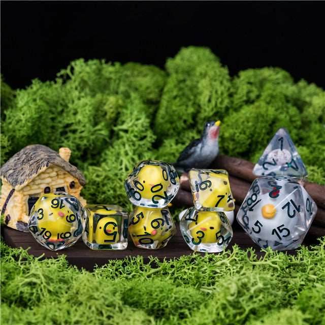 Chicken Family 7-Dice Set w/Green Numbers Dnd Dice Set + 30mm d20 - 
