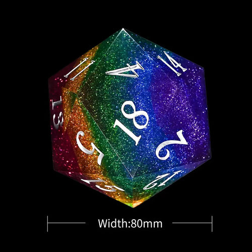 95mm Fantasy Rainbow Starry Sky Extra Large D20 Resin DND Dice + White Numbers