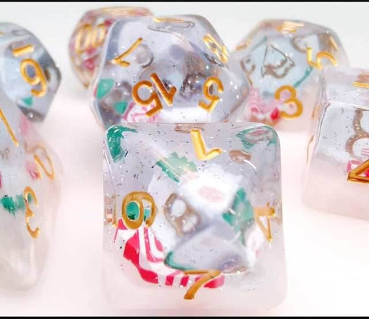 Red & White Stocking Inclusion with Frost and Tree 7-Dice Set RPG DND - 
