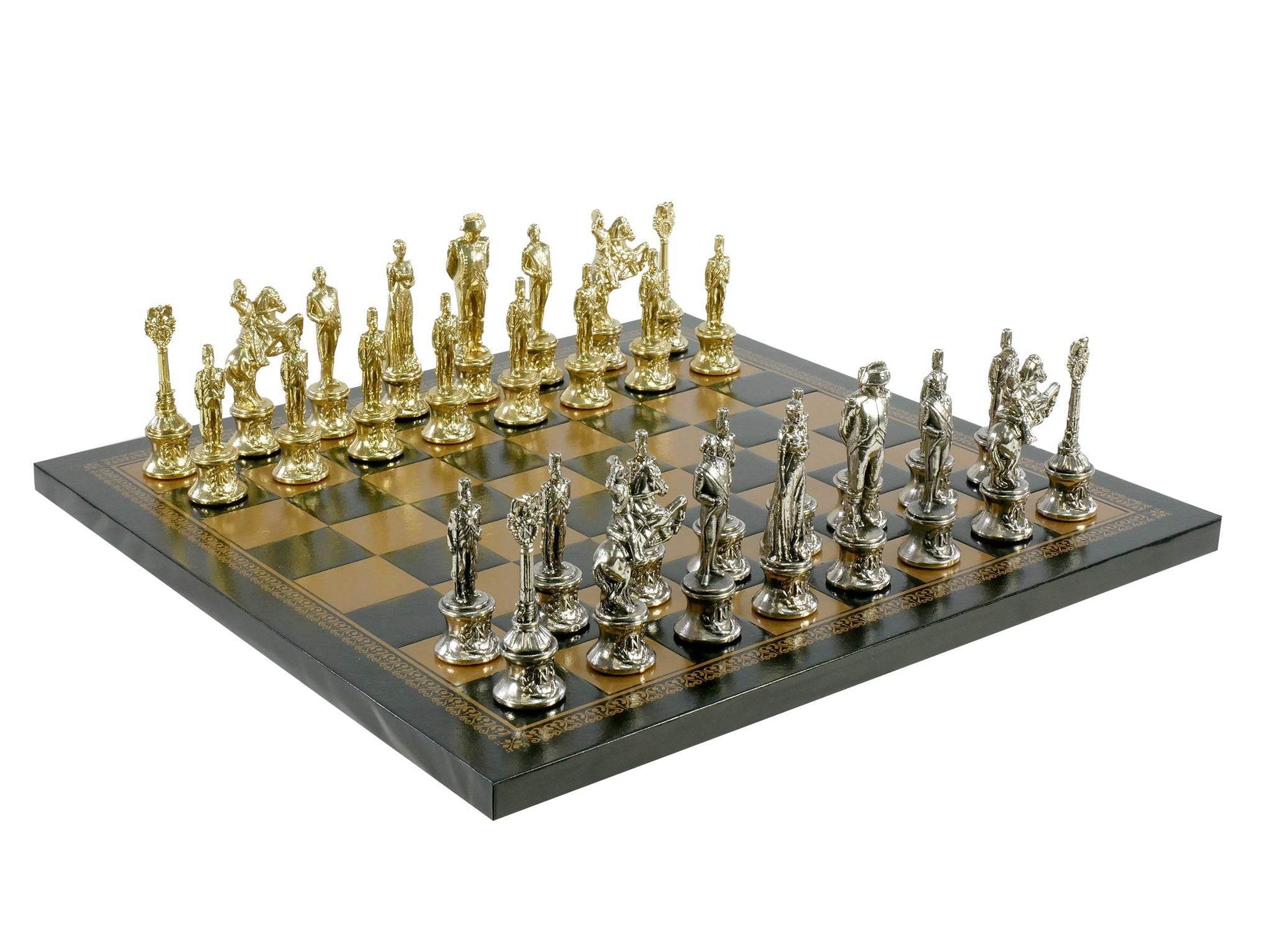 Chess Set- Napoleon Character Metal Men on Gold/Black Leather Chess Board - 