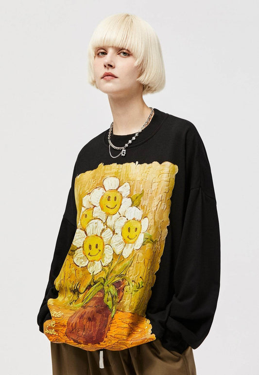 Daisy Flower Splash Art Crew - Black / S