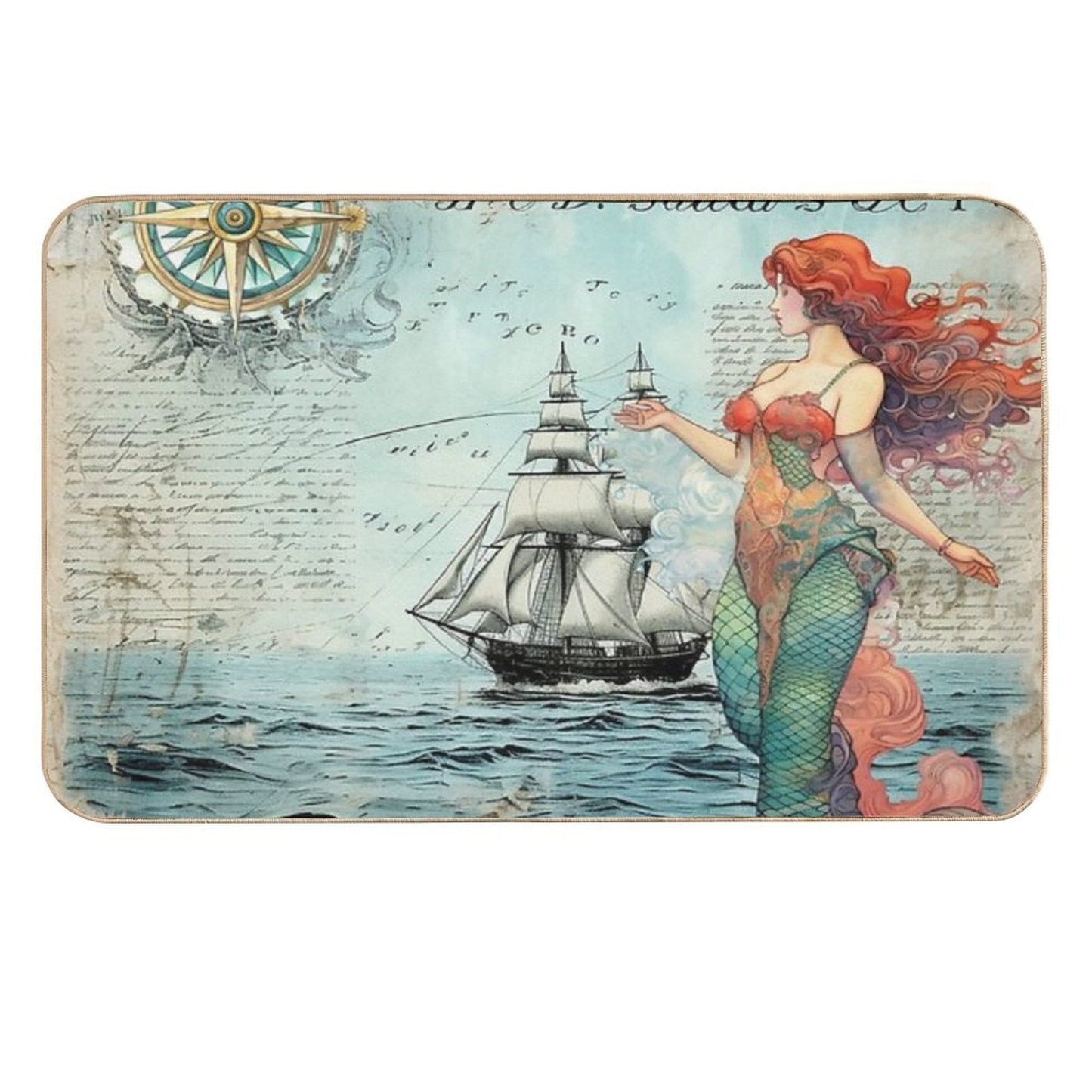 Vintage Mermaid Nautical  Fade-Resistant Bath Mat