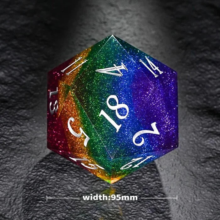 95mm Fantasy Rainbow Starry Sky Extra Large D20 Resin DND Dice + White Numbers